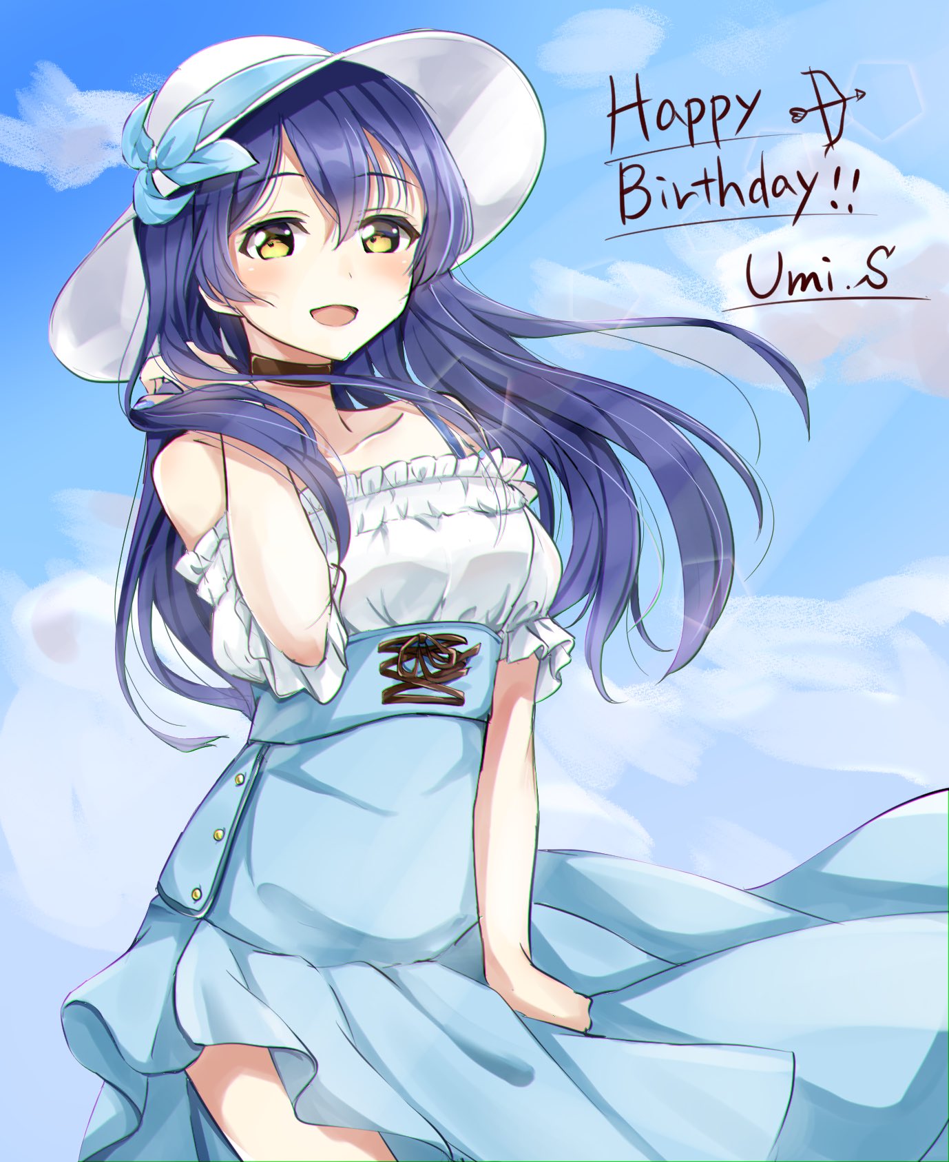 1girl bangs blue_hair blush character_name choker clouds day dress floating_hair hair_between_eyes hand_in_hair happy_birthday hat highres long_hair looking_at_viewer love_live! love_live!_school_idol_project open_mouth outdoors skirt sky smile solo sonoda_umi standing sundress wind yellow_eyes yoshinon_(yoshinon_kotori)