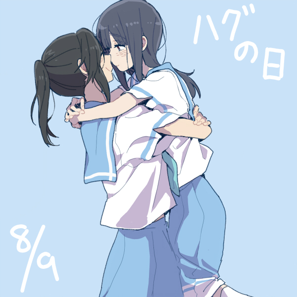 2girls black_hair blue_background blue_hair blue_sailor_collar blue_skirt eyebrows_visible_through_hair hibike!_euphonium hug kasaki_nozomi kitauji_high_school_uniform liz_to_aoi_tori looking_at_another multiple_girls ree_(re-19) sailor_collar school_uniform shirt short_ponytail skirt smile standing white_shirt yoroizuka_mizore