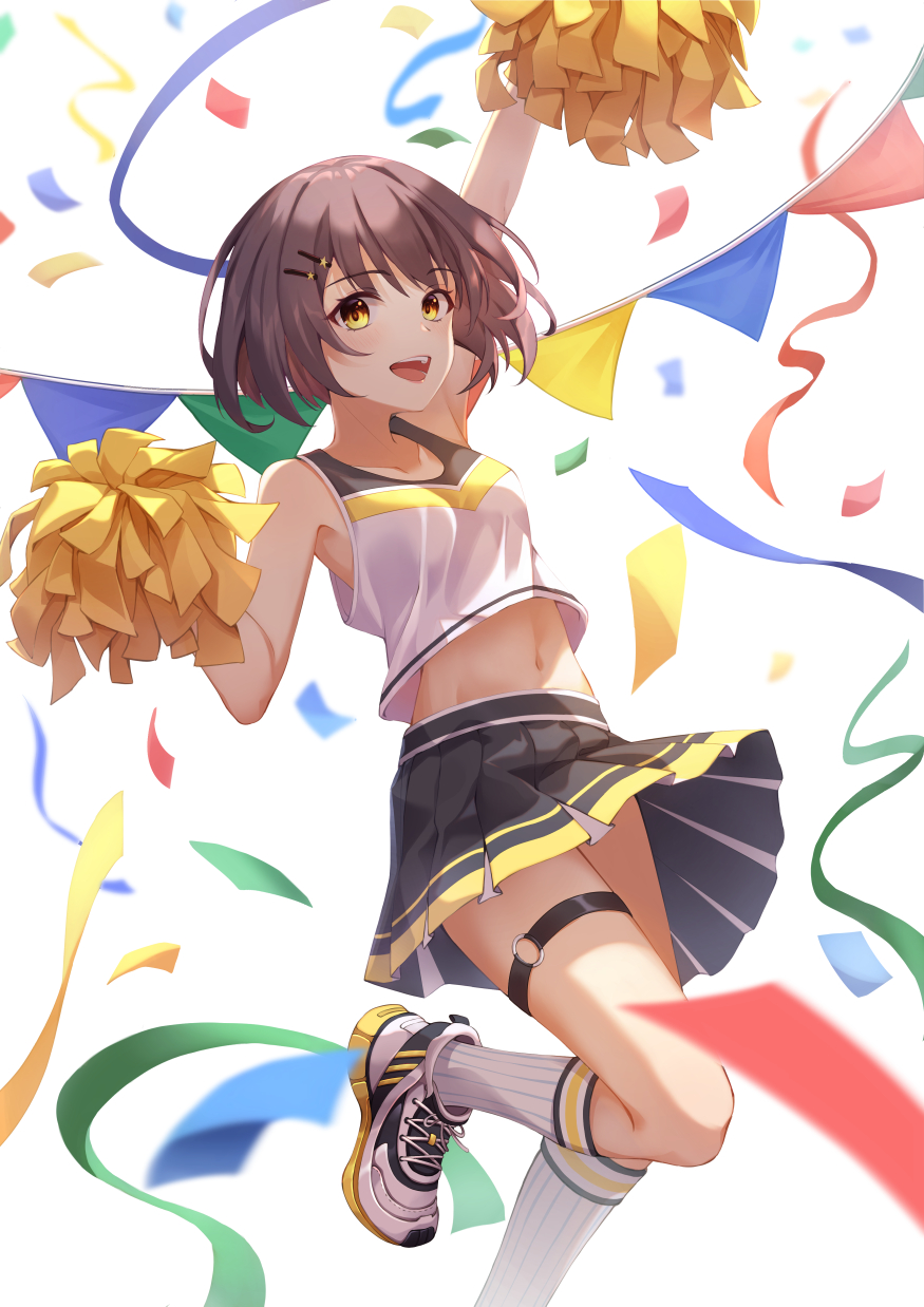 1girl :d arm_up armpits bare_shoulders black_skirt breasts brown_hair cheerleader confetti crop_top crop_top_overhang hair_ornament hairclip hand_up highres holding kneehighs leg_up looking_at_viewer medium_breasts midriff miniskirt navel open_mouth original pleated_skirt pom_poms rla058058 shirt shoes short_hair skirt sleeveless sleeveless_shirt smile sneakers solo stomach thigh_strap white_background white_footwear white_legwear white_shirt yellow_eyes