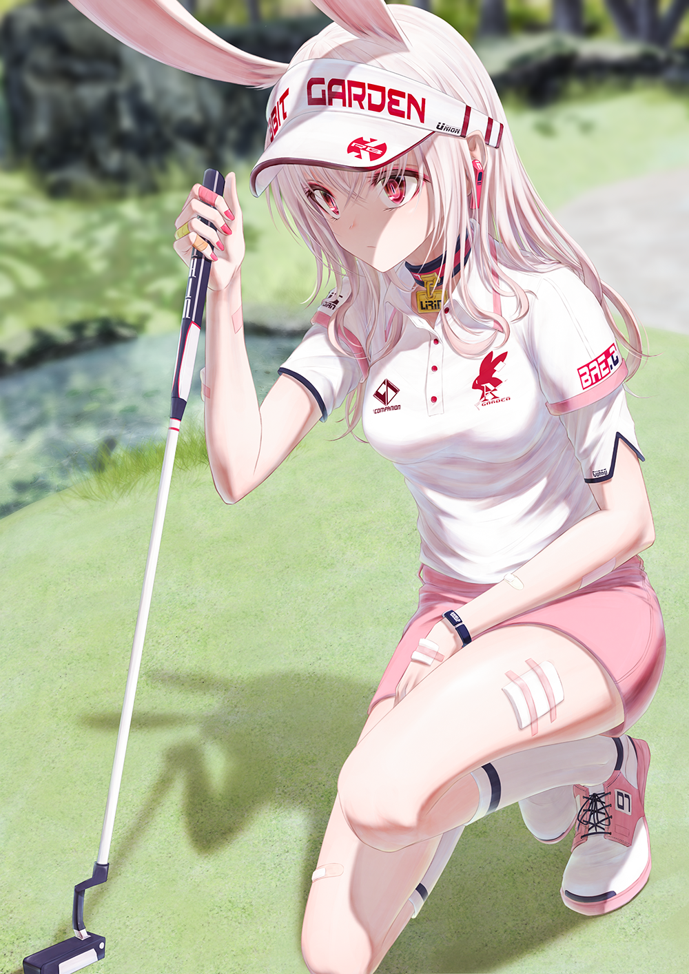 1girl animal_ears arm_rest bae.c bandaid_on_finger bracelet breasts clothes_writing collar commentary_request day earpiece golf golf_club grass hat_writing highres holding_golf_club jewelry lirin_(bae.c) long_hair nail_polish one_knee original outdoors pink_footwear pink_nails pink_shorts rabbit_ears red_eyes river shirt shoes short_sleeves shorts sneakers socks solo visor_cap white_hair white_headwear white_legwear white_shirt