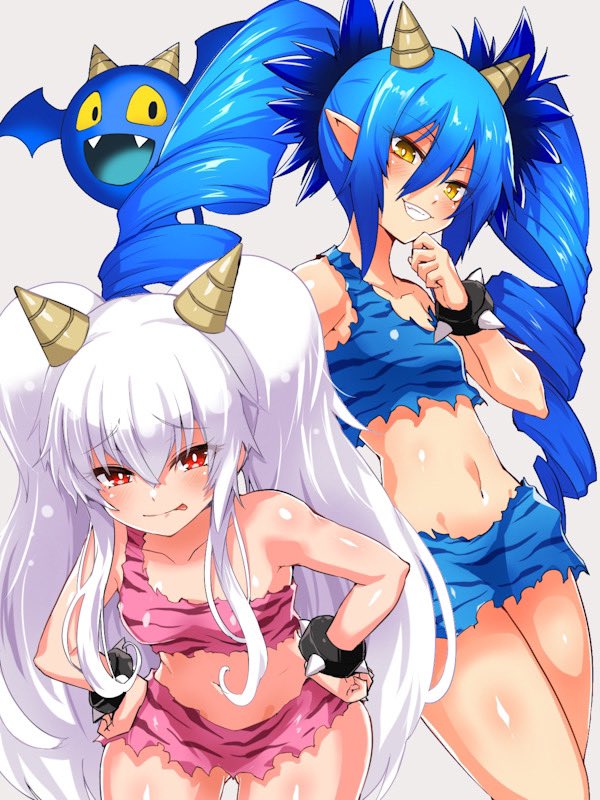 2girls :p animal_print bare_shoulders blue_hair bombergirl bracelet breasts drill_hair edobox eyebrows_visible_through_hair grey_background grim_aloe hair_between_eyes hand_up hands_on_hips horns jewelry lewisia_aquablue long_hair looking_at_viewer midriff multiple_girls navel pointy_ears red_eyes simple_background small_breasts smile spiked_bracelet spikes tiger_print tongue tongue_out twin_drills twintails white_hair yellow_eyes