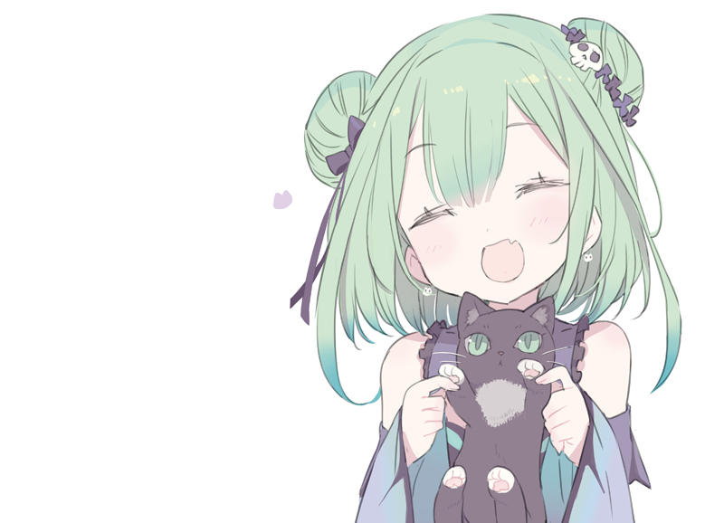 1girl :d ^_^ animal bangs black_cat blade_(galaxist) blue_dress blue_sleeves blush bow cat closed_eyes commentary_request detached_sleeves double_bun dress eyebrows_visible_through_hair facing_viewer fang flower green_eyes green_hair hair_between_eyes hair_bow hair_flower hair_ornament hands_up holding holding_animal hololive long_hair long_sleeves open_mouth purple_bow purple_flower simple_background skull_hair_ornament sleeveless sleeveless_dress sleeves_past_wrists smile solo upper_body uruha_rushia virtual_youtuber white_background wide_sleeves