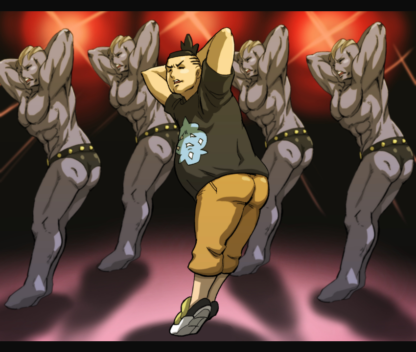 5boys ass black_eyes closed_eyes commentary_request creature dancing facing_viewer gen_1_pokemon kurii_chasuke letterboxed machoke male_focus multiple_boys muscle pokemon pokemon_(creature) pokemon_(game) pokemon_xy shadow symmetrical_pose tierno_(pokemon)