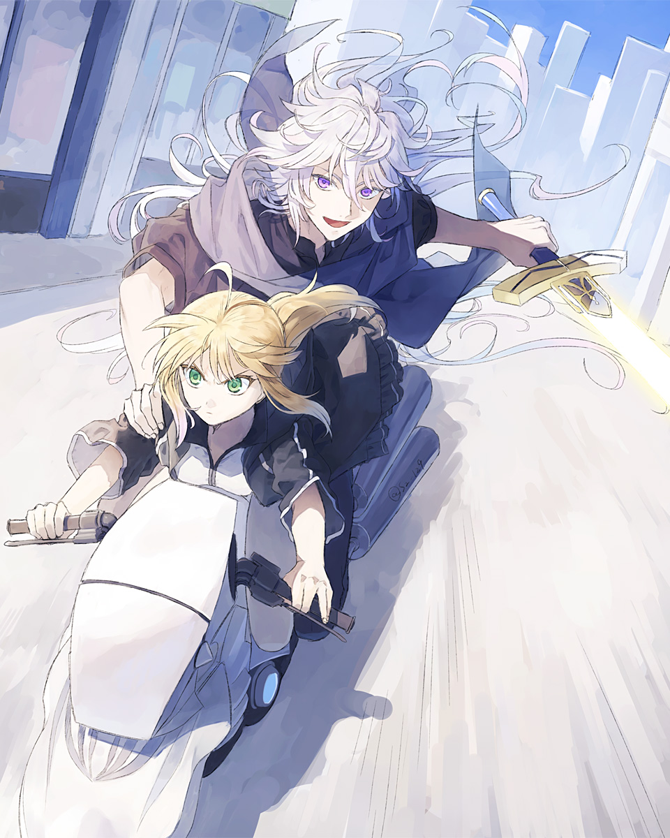 1boy 1girl artoria_pendragon_(all) artoria_pendragon_(swimsuit_archer) blonde_hair city excalibur fate/grand_order fate_(series) green_eyes ground_vehicle highres holding holding_sword holding_weapon itsuki_(s2_129) merlin_(fate) motor_vehicle motorcycle riding road scarf sword violet_eyes weapon white_hair