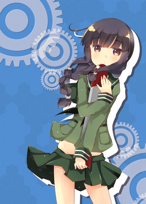 1girl bangs bare_legs black_hair blue_background braid braided_ponytail brown_eyes closed_mouth commentary_request eyebrows_visible_through_hair eyes_visible_through_hair gears green_jacket green_neckwear holding holding_torpedo jacket kantai_collection kitakami_(kancolle) kurata_yumi light long_hair long_sleeves looking_at_viewer midriff_peek neckerchief pocket sidelocks skirt_hold solo torpedo wind wind_lift