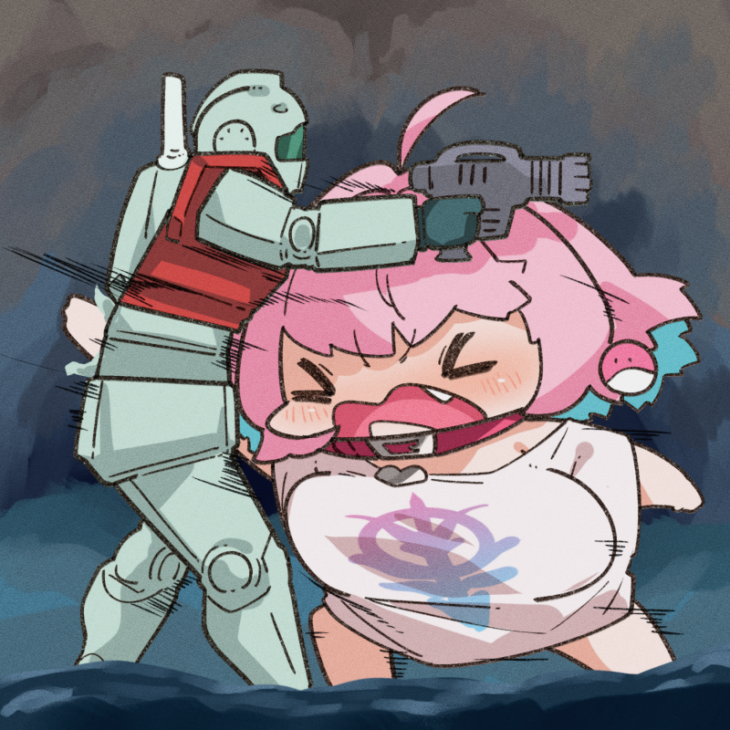 &gt;o&lt; 1girl ahoge attack bangs blue_hair chibi closed_eyes collar commentary crossover fang gun gundam haro heart idolmaster idolmaster_cinderella_girls mecha motion_lines multicolored_hair no_pants off-shoulder_shirt off_shoulder open_mouth oversized_clothes oversized_shirt parody pink_hair shirt short_hair short_sleeves standing takatoo_kurosuke two-tone_hair v-shaped_eyebrows weapon yumemi_riamu