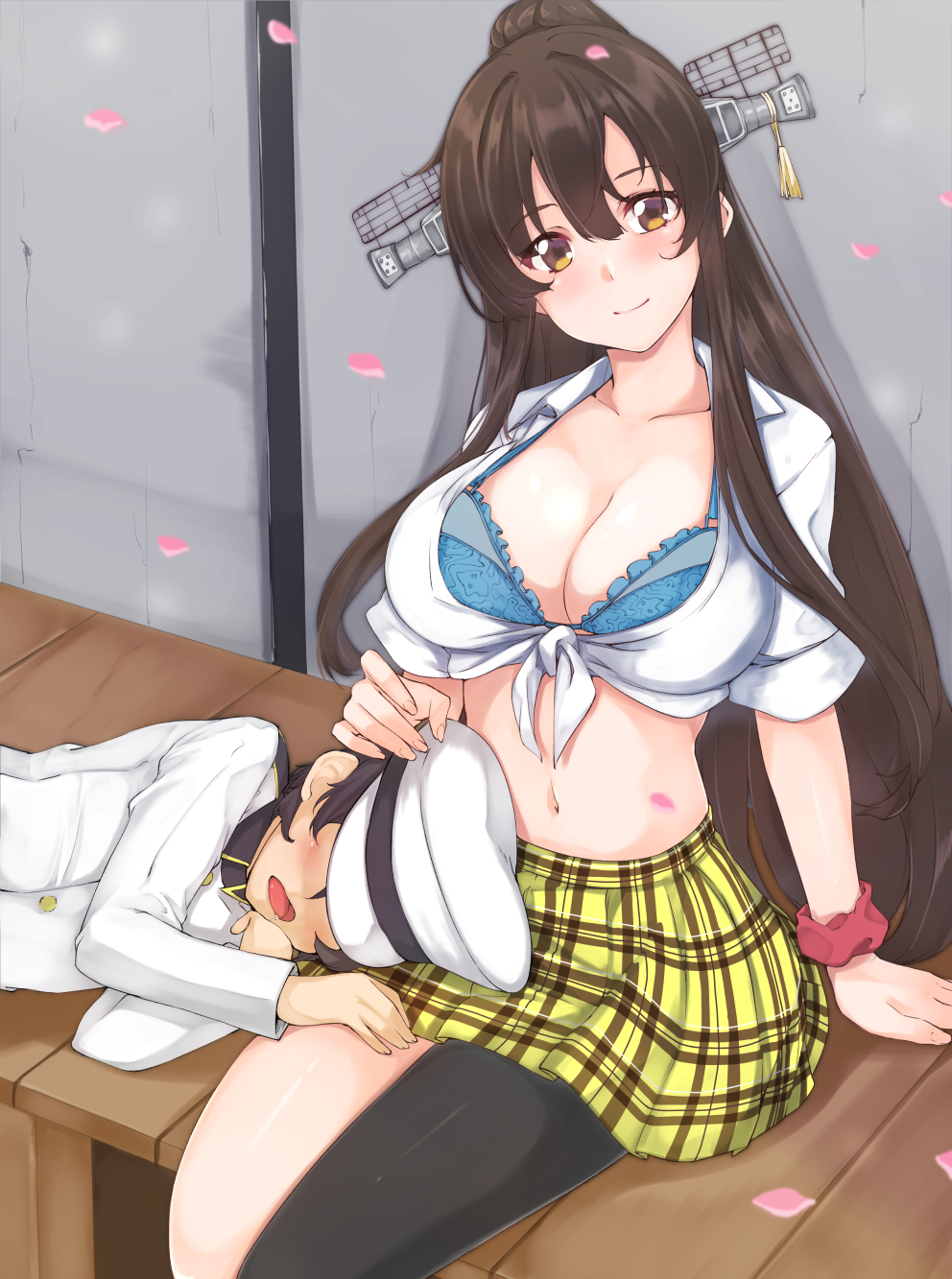 1boy 1girl admiral_(kantai_collection) alternate_costume black_hair black_legwear blue_bra bra breasts brown_eyes cherry_blossoms collarbone front-tie_top hat headgear highres kantai_collection lap_pillow large_breasts long_hair navel peaked_cap plaid plaid_skirt shirt short_sleeves shu-ten single_thighhigh skirt thigh-highs tied_shirt underwear very_long_hair white_shirt yamato_(kantai_collection) yellow_skirt