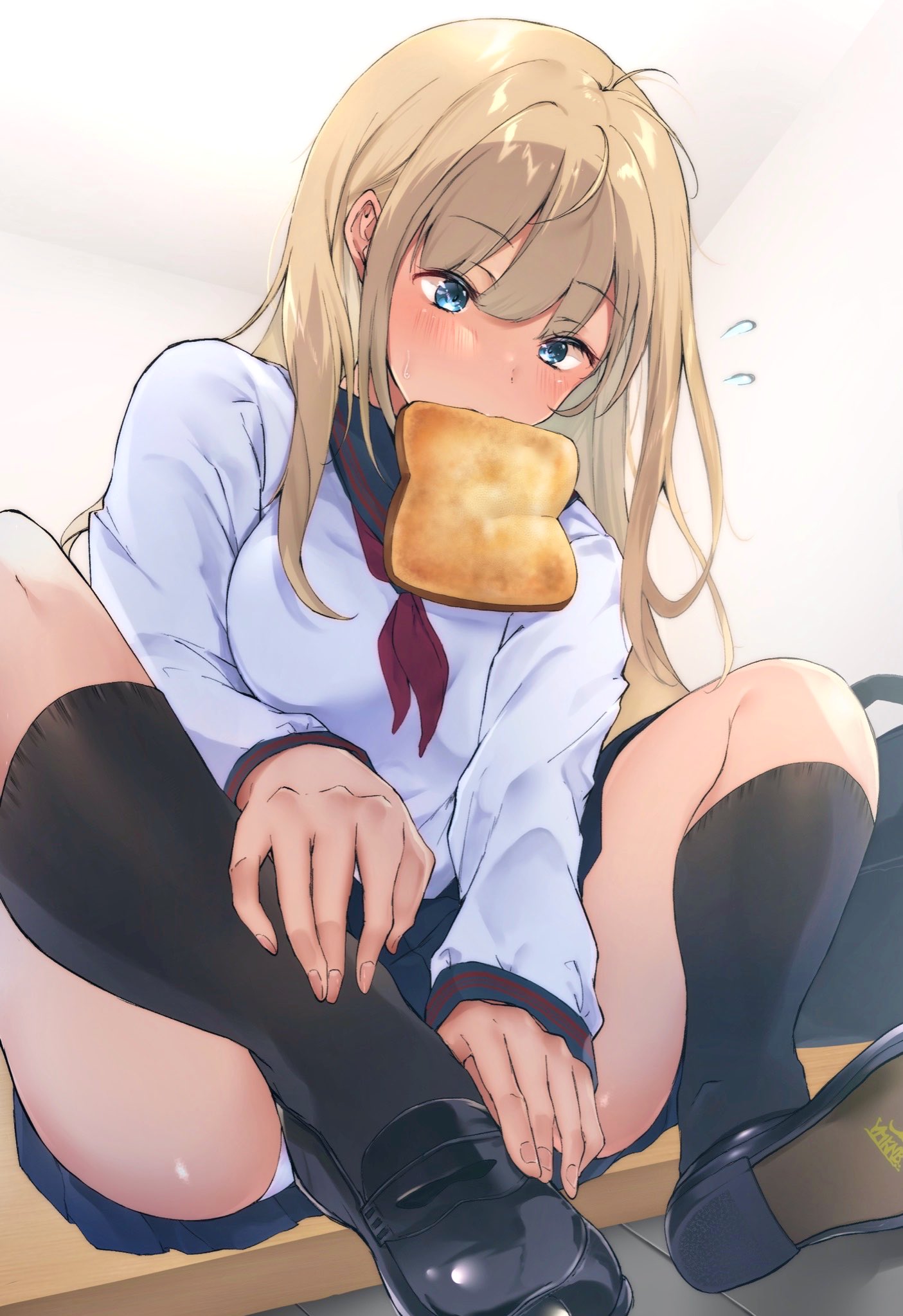 1girl bangs black_legwear blonde_hair blue_eyes breasts commentary eyebrows_visible_through_hair flying_sweatdrops food food_in_mouth highres kneehighs loafers long_hair mouth_hold original panties pantyshot pleated_skirt school_uniform serafuku shoes sitting skirt solo toast toast_in_mouth underwear white_panties yamakonbu