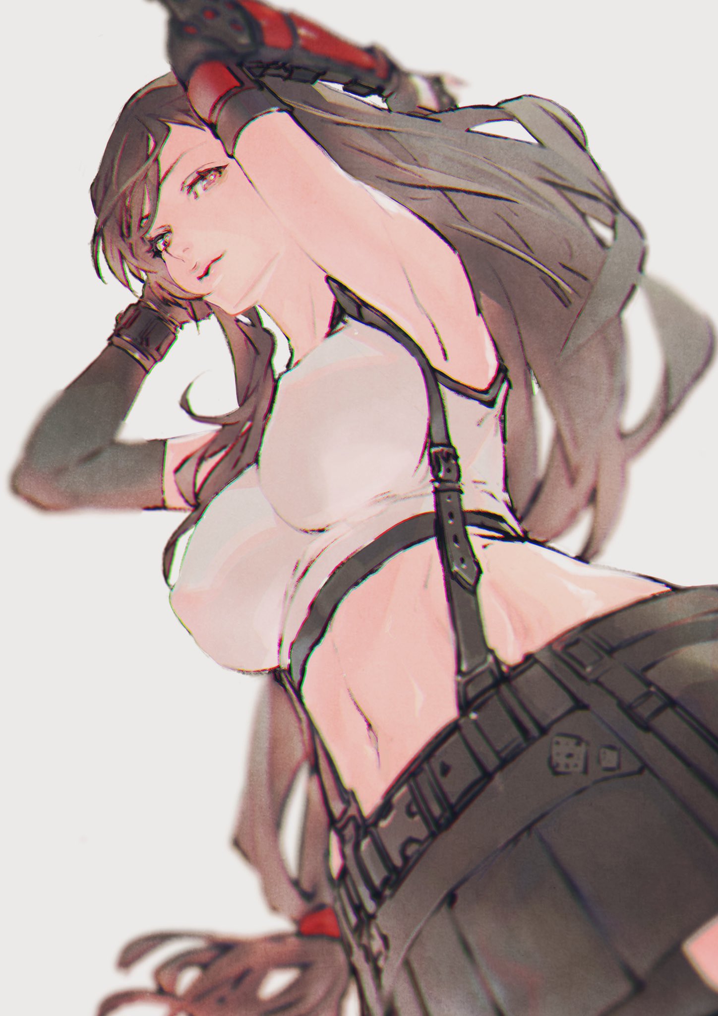 1girl arm_guards armpits arms_up black_bra black_gloves black_hair black_skirt blurry bra breasts commentary covered_nipples cowboy_shot crop_top depth_of_field elbow_gloves eyelashes final_fantasy final_fantasy_vii final_fantasy_vii_remake from_below gloves highres kazama_raita large_breasts lips long_hair looking_at_viewer looking_down low-tied_long_hair midriff navel parted_lips red_eyes simple_background skirt sleeveless smile solo sports_bra suspender_skirt suspenders tank_top tifa_lockhart underwear white_background white_tank_top