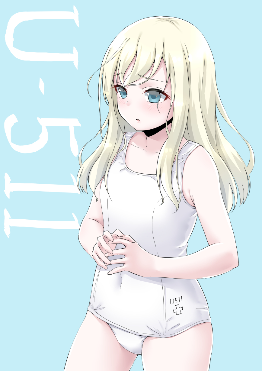 1girl blonde_hair blue_background blue_eyes character_name cowboy_shot fingers_together highres kantai_collection long_hair looking_to_the_side school_swimsuit solo swimsuit takomeshi u-511_(kantai_collection) white_school_swimsuit white_swimsuit