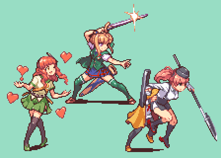 3girls atlanta_(kantai_collection) bangs belt black_legwear blonde_hair breasts brown_hair closed_mouth de_ruyter_(kantai_collection) garrison_cap green_background green_legwear green_vest hat headgear heart holding holding_weapon kantai_collection kneehighs long_hair long_sleeves lowres multiple_girls oh_bako one_eye_closed open_mouth perth_(kantai_collection) pixel_art plaid plaid_skirt redhead sailor_collar sheath shirt short_sleeves simple_background skirt sparkle thigh-highs twintails vest weapon