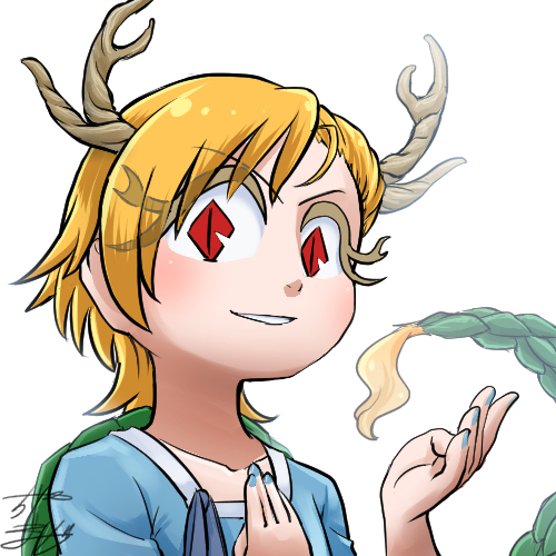 &gt;:) avatar_icon blonde_hair blue_shirt chamaji commentary_request dragon_girl dragon_horns dragon_tail eyebrows_visible_through_hair horns kicchou_yachie lowres red_eyes shirt short_hair simple_background smile tail touhou turtle_shell white_background