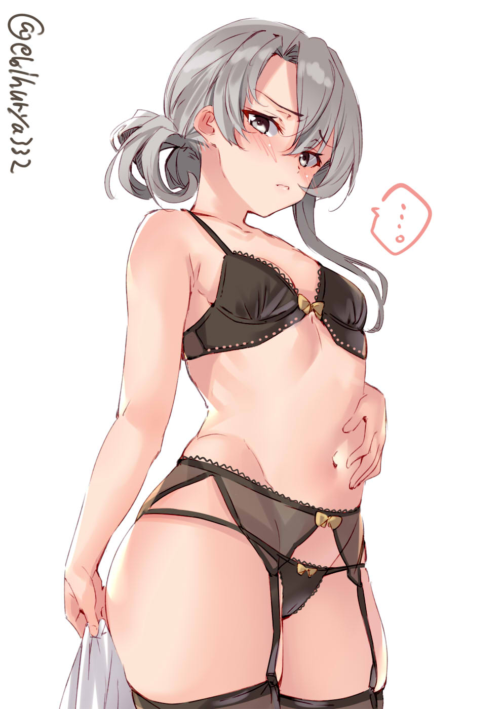 ... 1girl asymmetrical_hair bangs black_bra black_panties blush bra collarbone cowboy_shot ebifurya eyebrows_visible_through_hair flipped_hair garter_belt grey_eyes groin hair_between_eyes highres kantai_collection lingerie navel nowaki_(kantai_collection) panties short_hair silver_hair simple_background solo spoken_ellipsis swept_bangs twitter_username underwear white_background