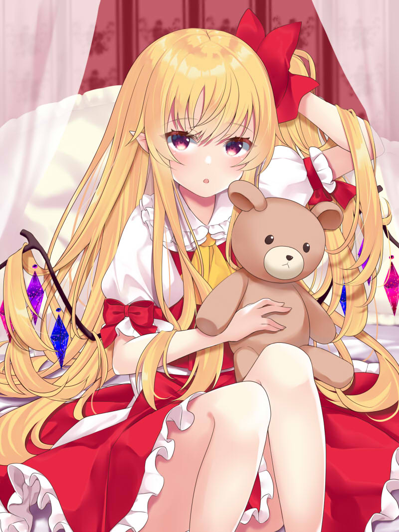 1girl :o bangs blonde_hair blush bow collared_shirt commentary_request crystal curtains eyebrows_visible_through_hair feet_out_of_frame flandre_scarlet frilled_skirt frills hair_between_eyes hair_bow knees_up long_hair looking_at_viewer one_side_up parted_lips pointy_ears puffy_short_sleeves puffy_sleeves red_bow red_eyes red_skirt red_vest shirt short_sleeves sitting skirt skirt_set solo stuffed_animal stuffed_toy teddy_bear tosakaoil touhou transparent very_long_hair vest white_shirt wings
