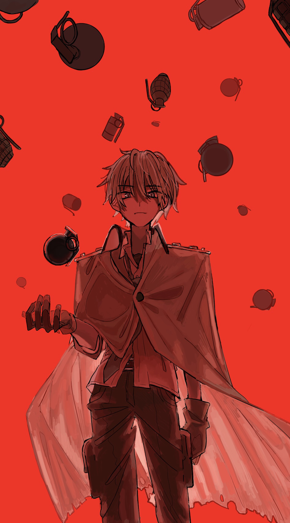1boy belt_buckle blue_eyes buckle cape closed_mouth coppelion cowboy_shot epaulettes explosive expressionless gloves grenade highres kurosawa_haruto looking_at_viewer male_focus necktie pants red_background silver_hair simple_background sleeves_rolled_up standing yoshioka_suke