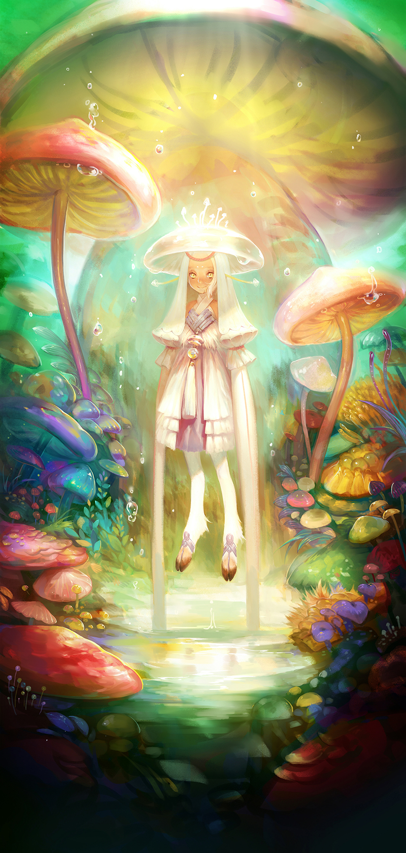 1girl aimeeee17 closed_mouth commentary_request coral dress dripping floating forest grass halter_dress hat highres hooves lake looking_at_viewer monster_girl mushroom nature pixiv_fantasia pixiv_fantasia_new_world puffy_short_sleeves puffy_sleeves satyr short_sleeves smile solo sphere tassel veil water_drop white_dress white_hair white_headwear