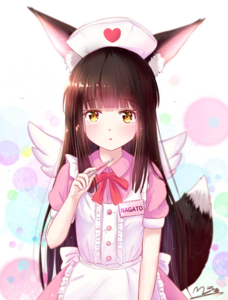 1girl alternate_costume angel_wings animal_ear_fluff animal_ears apron azur_lane bangs black_hair blunt_bangs blush breasts brown_eyes dress eyebrows_visible_through_hair fox_ears fox_girl fox_tail frilled_apron frills hair_between_eyes hair_ornament hat heart heart_print long_hair looking_at_viewer m_ko_(maxft2) maid_apron multicolored multicolored_background nagato_(azur_lane) neck_ribbon nurse nurse_cap open_mouth red_ribbon ribbon short_sleeves solo tail thermometer very_long_hair wings yellow_eyes