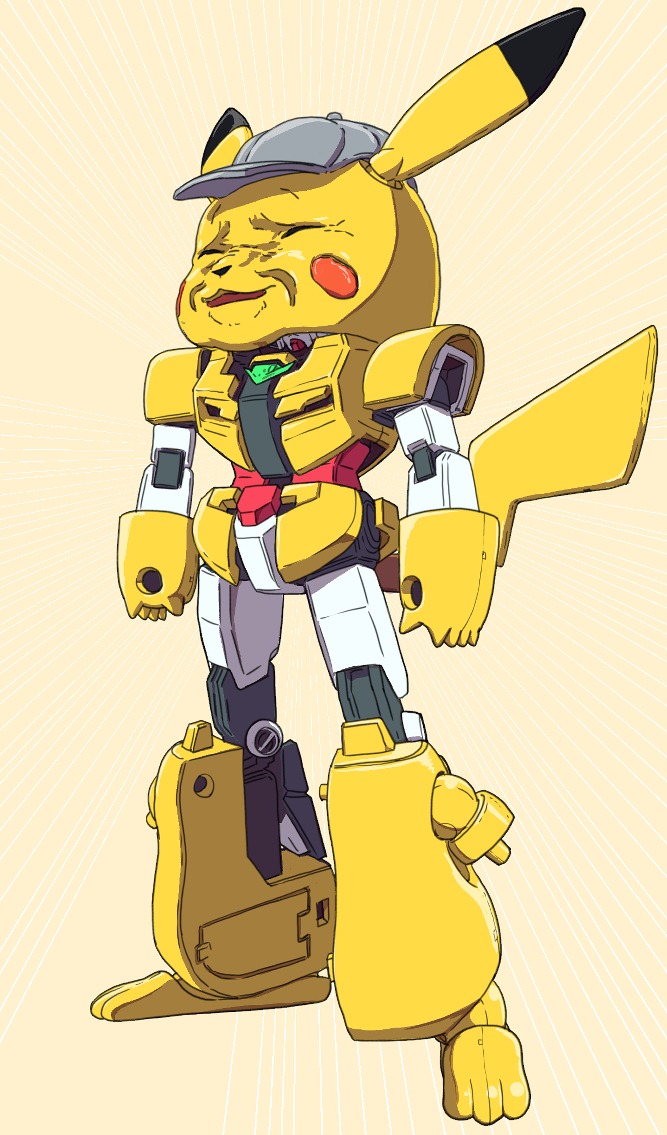 core_gundam crossover detective_pikachu emphasis_lines gen_1_pokemon gundam gundam_build_divers gundam_build_divers_re:rise joints mecha mechanical_tail niiyan no_humans parody pikachu pokemon robot robot_joints solo tail yellow_background