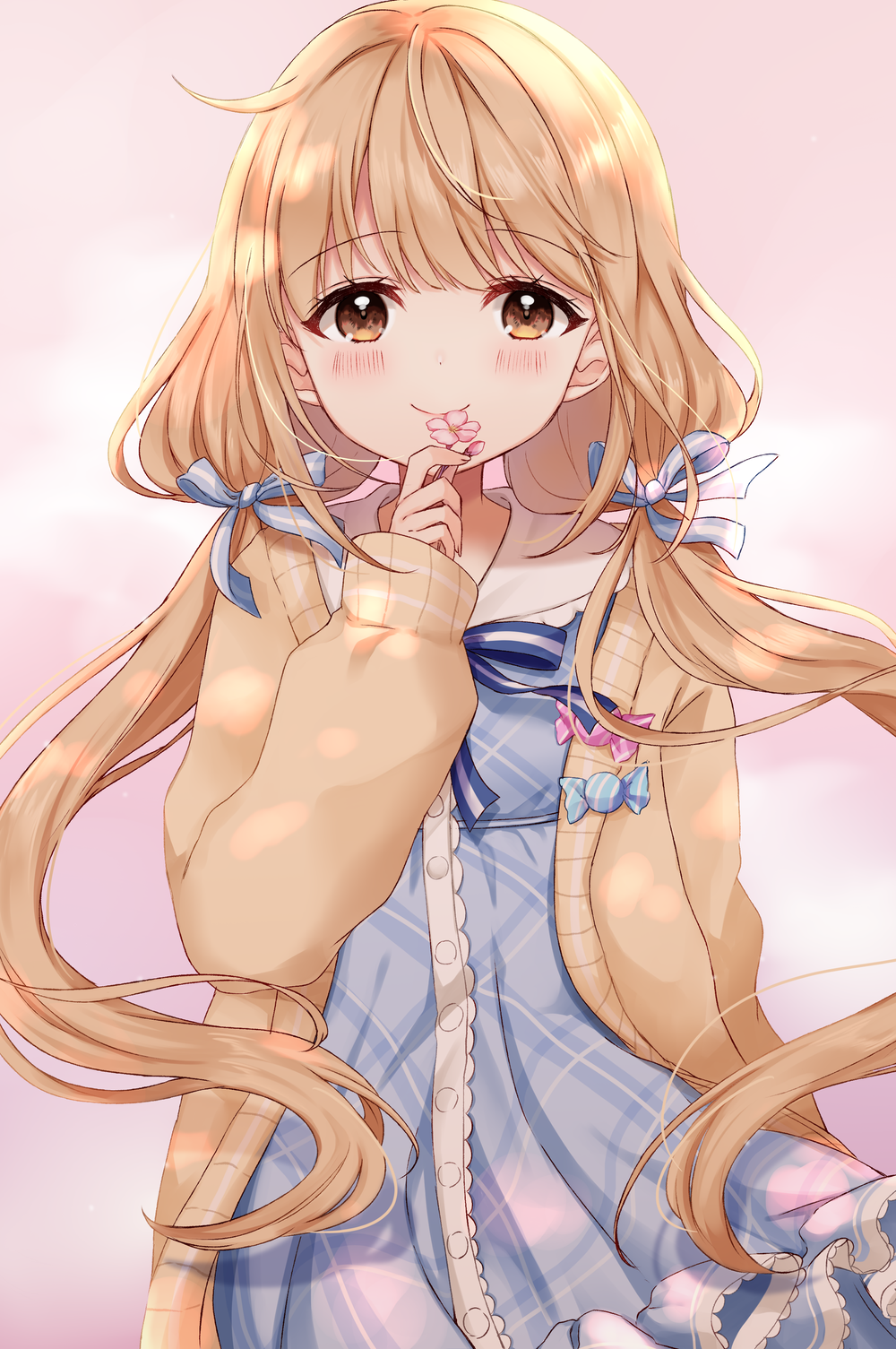 1girl bangs blue_bow blue_dress blush bow brown_eyes brown_jacket closed_mouth commentary_request dress eyebrows_visible_through_hair flower futaba_anzu hair_bow hand_up highres holding holding_flower idolmaster idolmaster_cinderella_girls jacket light_brown_hair long_hair looking_at_viewer low_twintails nazuna_shizuku open_clothes open_jacket pink_flower plaid plaid_dress sailor_collar sailor_dress smile solo striped striped_bow twintails very_long_hair white_sailor_collar