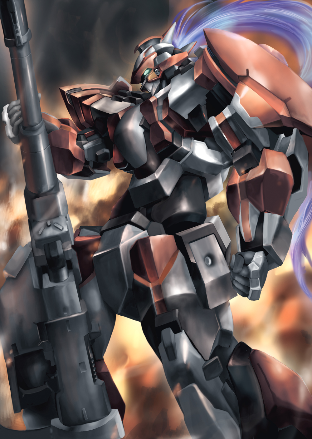 arx-8_laevatein clenched_hand explosion from_side full_metal_panic! green_eyes gun highres jellyman joints looking_down mecha no_humans rifle robot_joints sniper_rifle solo weapon white_hair