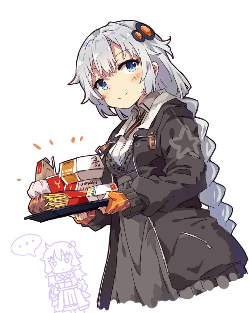 ... 2girls bangs black_jacket blue_eyes blush braid breasts closed_mouth collared_shirt cup disposable_cup dress drinking_glass eyebrows_visible_through_hair fast_food fingerless_gloves food french_fries gloves grey_dress hair_ornament holding holding_tray jacket jitome kizuna_akari long_hair long_sleeves low_twintails medium_breasts multiple_girls normaland open_clothes open_jacket orange_gloves puffy_long_sleeves puffy_sleeves shirt silver_hair simple_background smile solo_focus spoken_ellipsis striped striped_gloves tray twin_braids twintails very_long_hair voiceroid white_background white_shirt yuzuki_yukari