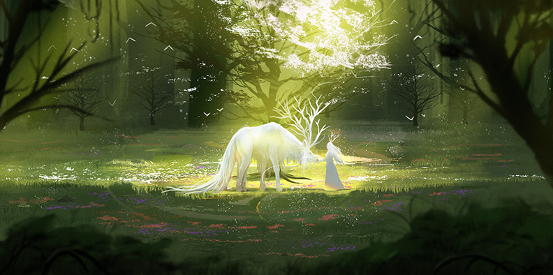 1girl ame_sagari bare_tree blurry blurry_foreground commentary_request creature depth_of_field dress fantasy floating_hair flower grass long_hair original outdoors scenery solo standing sunlight tree white_dress white_flower white_hair