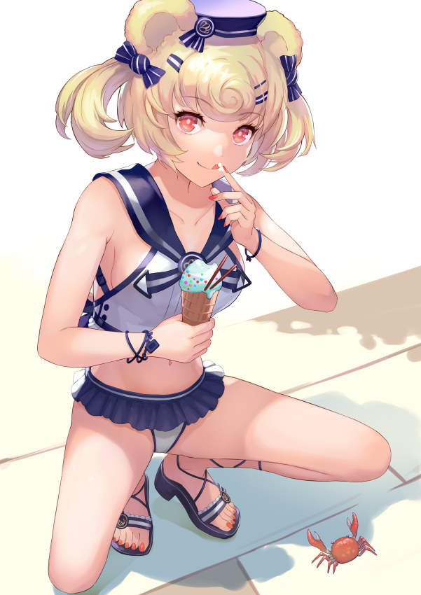 1girl :q animal animal_ears arknights bare_arms bare_shoulders bear_ears bikini_skirt blonde_hair bow breasts closed_mouth collarbone crab crop_top food gummy_(arknights) hair_bow hair_ornament hairclip hat holding ice_cream looking_at_viewer medium_breasts midriff mokyumokyuchan nail_polish red_eyes red_nails sailor_bikini sailor_collar sailor_hat sandals shadow shirt short_hair sleeveless sleeveless_shirt smile solo squatting thighs tongue tongue_out twintails white_headwear white_shirt