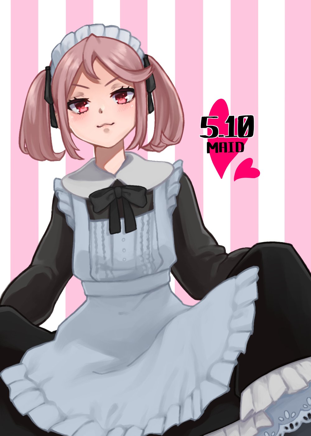 1girl :3 alternate_costume apron black_dress commentary_request cowboy_shot dated dress dress_lift enmaided frilled_apron frills hair_bobbles hair_ornament highres johssnny kantai_collection looking_at_viewer maid maid_day pink_eyes pink_hair sazanami_(kantai_collection) school_uniform serafuku short_hair smile solo striped striped_background twintails white_apron