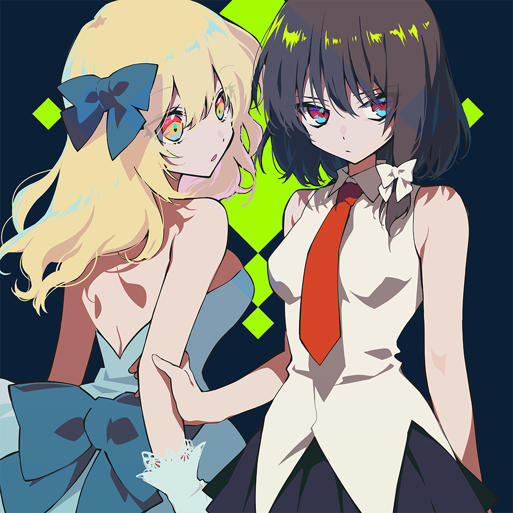 2girls arm_grab bare_back bare_shoulders black_background black_skirt blonde_hair blue_bow blue_dress bow breasts commentary_request dress futoumeido gloves hair_bow long_hair maribel_hearn medium_breasts multiple_girls necktie red_eyes red_neckwear shirt short_hair skirt sleeveless sleeveless_shirt touhou usami_renko white_bow white_gloves white_shirt