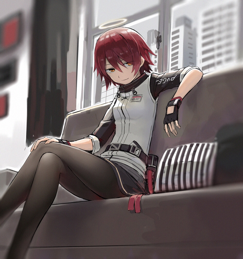 1girl arknights belt belt_pouch black_gloves black_legwear black_skirt breasts chinese_commentary cityscape closed_mouth clothes_writing couch day exusiai_(arknights) eyebrows_visible_through_hair eyes_visible_through_hair fingerless_gloves gloves hair_between_eyes halo hand_on_own_knee indoors jacket kataokasan looking_at_viewer medium_breasts miniskirt name_tag orange_eyes pantyhose pillow pouch redhead short_hair sitting skirt smile solo white_jacket window