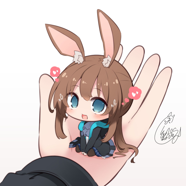 1boy 1girl :d amiya_(arknights) animal_ear_fluff animal_ears arknights ascot bangs beni_shake between_legs black_jacket blue_eyes blue_skirt brown_background brown_hair chibi commentary doctor_(arknights) eyebrows_visible_through_hair gradient gradient_background grey_neckwear hair_between_eyes hand_between_legs heart hood hood_down hooded_jacket in_palm jacket long_hair long_sleeves looking_at_viewer low_ponytail minigirl open_clothes open_jacket open_mouth out_of_frame ponytail rabbit_ears shirt sidelocks signature sitting skirt smile solo_focus spoken_heart very_long_hair white_background white_shirt