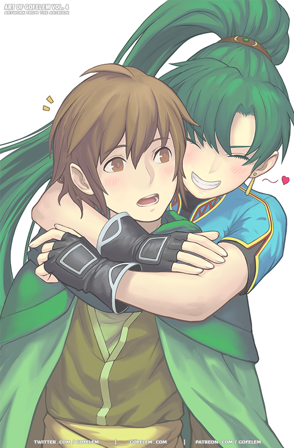 1boy 1girl artist_name bangs blush brown_eyes brown_hair cape closed_mouth earrings fingernails fire_emblem fire_emblem:_the_blazing_blade fire_emblem_heroes gloves green_cape green_hair grin hug hug_from_behind jewelry lips lyn_(fire_emblem) marfrey mark_(fire_emblem:_the_blazing_blade) open_mouth parted_lips ponytail short_sleeves simple_background smile teeth tied_hair twitter_username upper_body