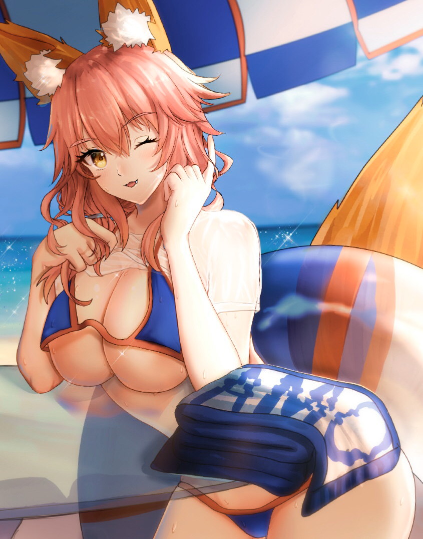 1girl ;) animal_ear_fluff animal_ears beach_umbrella bikini bikini_under_clothes blue_bikini breasts eyebrows_visible_through_hair fang fate/grand_order fate_(series) fox_ears fox_girl fox_tail hand_in_hair innertube large_breasts looking_at_viewer nepodayo ocean one_eye_closed open_mouth outdoors parasol pink_hair shirt side-tie_bikini smile solo sweat swimsuit tail tamamo_(fate)_(all) tamamo_no_mae_(swimsuit_lancer)_(fate) umbrella wet wet_clothes wet_shirt wet_t-shirt yellow_eyes