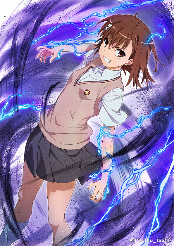 1girl bangs biribiri brown_eyes brown_hair dutch_angle electricity looking_at_viewer loose_socks misaka_mikoto pleated_skirt puma_(hyuma1219) school_uniform shirt short_hair skirt smile solo sweater_vest to_aru_kagaku_no_railgun to_aru_majutsu_no_index tokiwadai_school_uniform