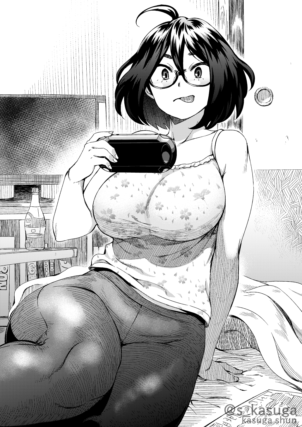 1girl ahoge bare_shoulders blanket bottle breasts check_artist collarbone door fingernails game_console glasses greyscale hair_between_eyes handheld_game_console hatching_(texture) highres holding holding_handheld_game_console indoors kasuga_shun large_breasts monochrome original short_hair sitting solo table takuji_(dekosenn) television tongue tongue_out twitter_username