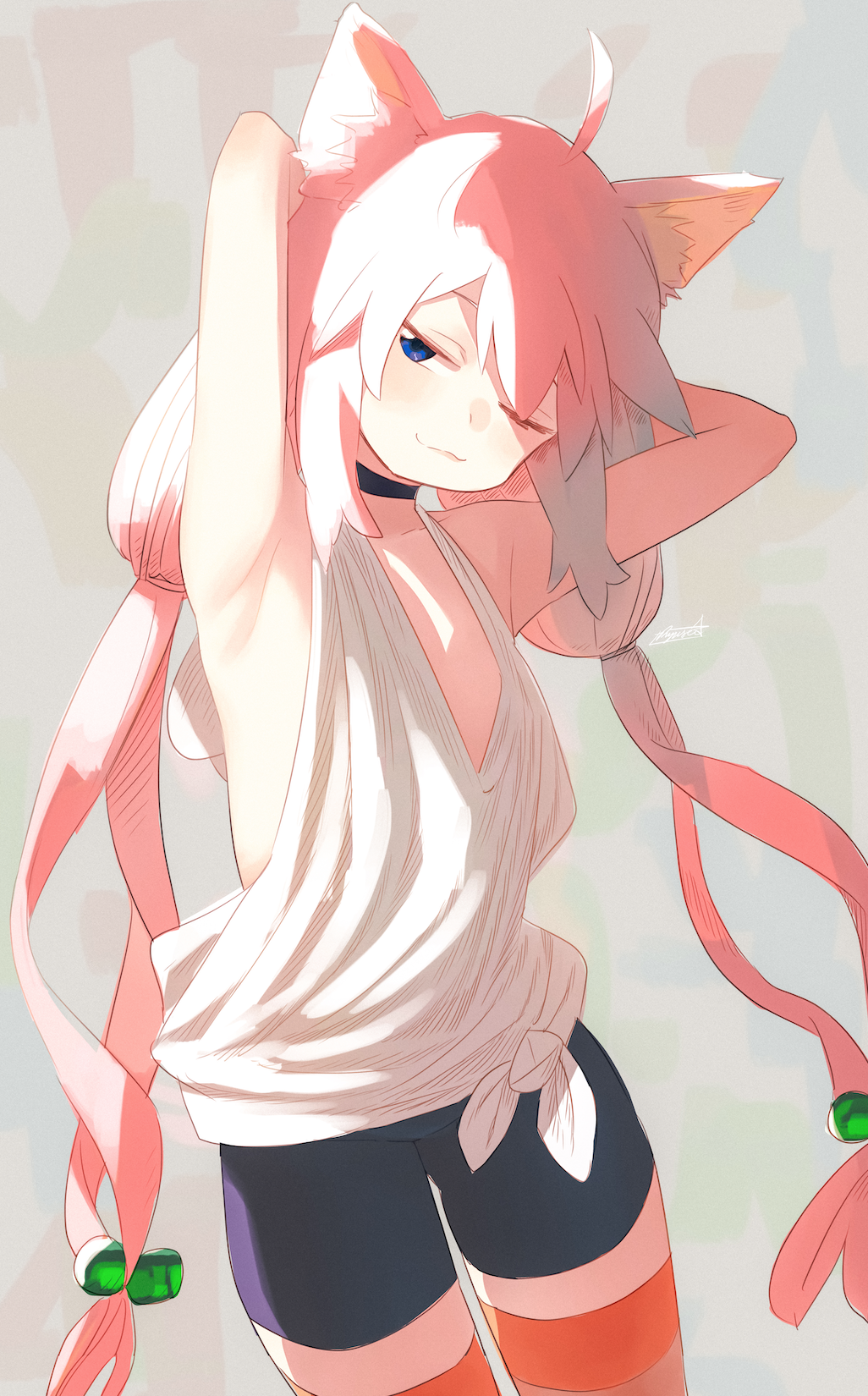 1girl ;3 animal_ears armpits arms_behind_head bike_shorts blue_eyes blush cat_ears choker grey_background hair_ornament highres hinata_channel long_hair looking_at_viewer nekomiya_hinata one_eye_closed orange_legwear pink_hair ryusei_hashida simple_background sleeveless thigh-highs twintails very_long_hair virtual_youtuber