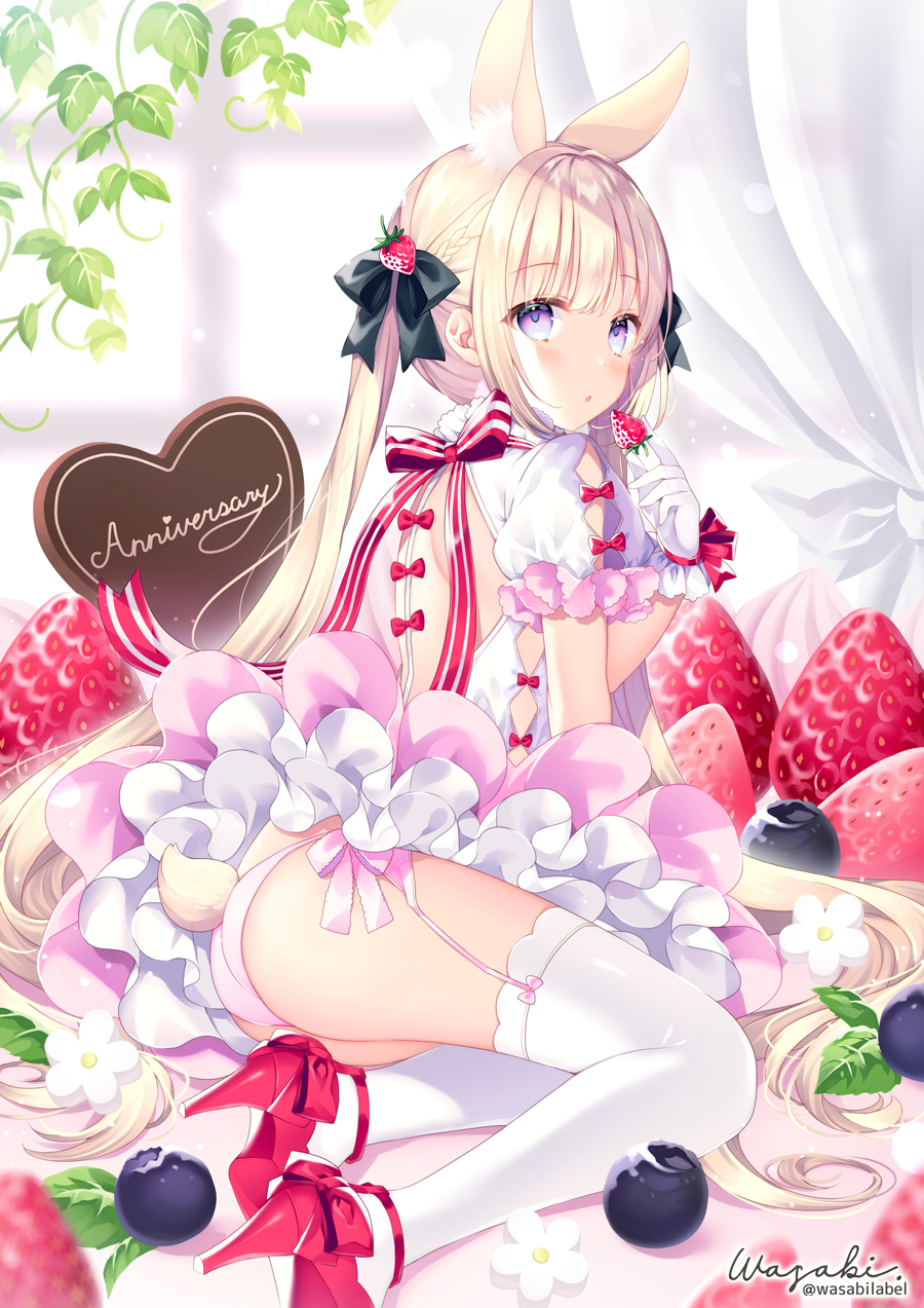 :o animal_ear_fluff animal_ears ass bangs black_bow blonde_hair blueberry blush bow braid bunny_girl bunny_tail commentary_request dress eyebrows_visible_through_hair flower food food_themed_hair_ornament fruit garter_straps gloves hair_bow hair_ornament hand_up high_heels highres holding holding_food in_food long_hair looking_at_viewer looking_back original panties parted_lips pink_panties puffy_short_sleeves puffy_sleeves rabbit_ears red_bow red_footwear shoe_soles shoes short_sleeves sidelocks signature solo strawberry strawberry_hair_ornament tail thigh-highs twintails twitter_username underwear very_long_hair violet_eyes wasabi_(sekai) white_dress white_flower white_gloves white_legwear