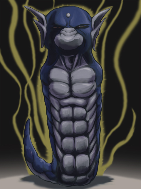 black_background commentary_request creature dratini full_body gen_1_pokemon kurii_chasuke looking_at_viewer muscle no_humans pokemon pokemon_(creature) serious simple_background solo