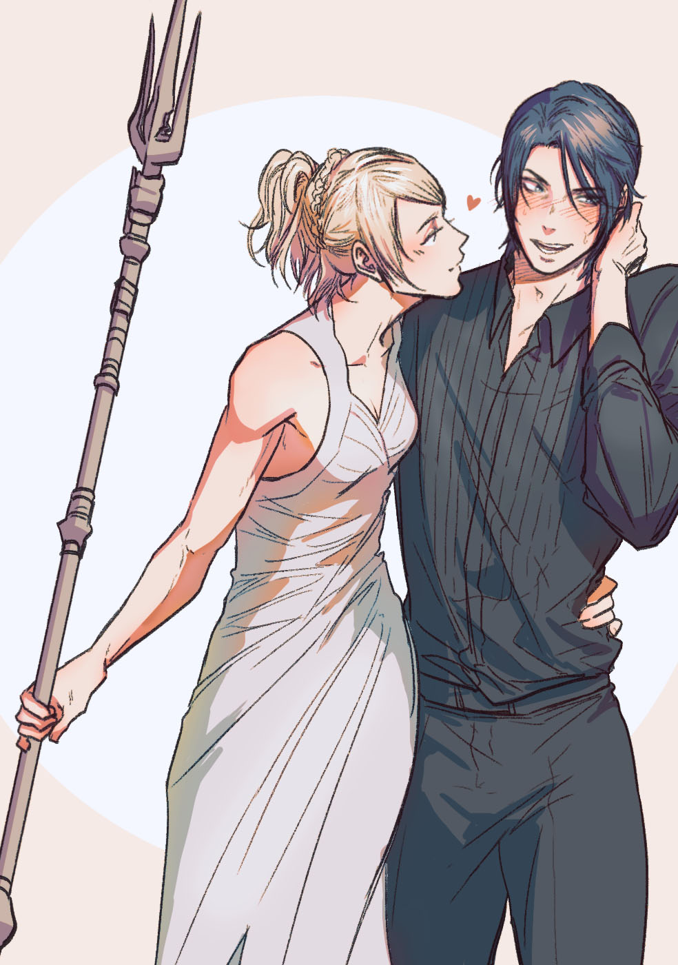 1boy 1girl bare_shoulders black_hair blonde_hair blue_eyes blush braid closed_mouth collarbone dress eyebrows_visible_through_hair eyes_visible_through_hair final_fantasy final_fantasy_xv hand_on_another's_waist heart highres holding holding_staff long_hair looking_at_another lykke noctis_lucis_caelum open_mouth ponytail smile staff standing sweat teeth white_dress