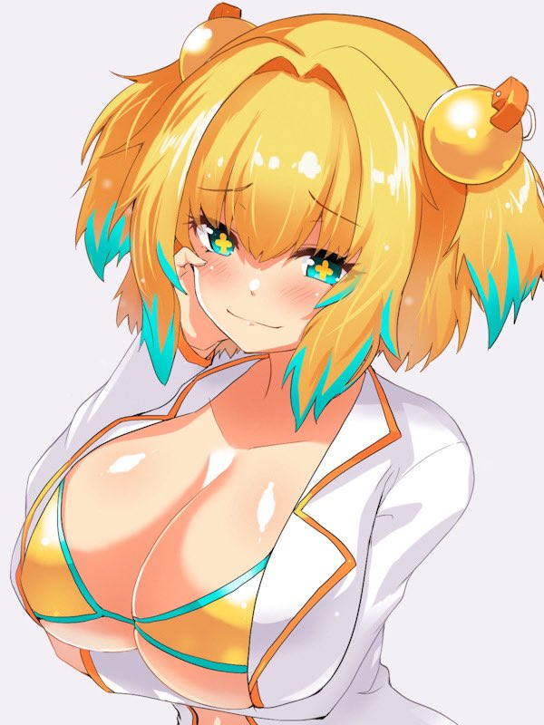 +_+ 1girl bangs bikini blonde_hair blue_hair blush bombergirl breasts closed_mouth collarbone edobox eyebrows_visible_through_hair grey_background large_breasts looking_at_viewer multicolored_hair pine_(bombergirl) short_hair simple_background smile solo swimsuit two-tone_hair upper_body yellow_bikini