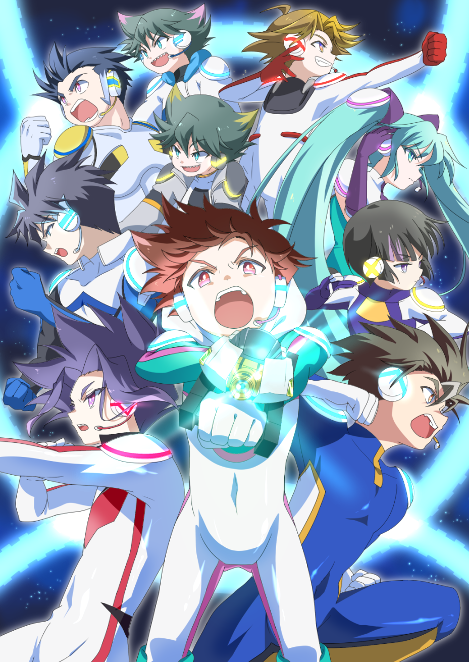 1girl 2019 6+boys black_hair blue_eyes blue_hair brown_hair clenched_hands daimonyama_tsuranuki everyone fighting_stance gotsubashi_gin gotsubashi_jou hatsune_miku hayasugi_hayato highres kirishima_takatora kiyosu_ryuuji multiple_boys oga_akita oozora_rei open_mouth pilot_suit shinkansen_henkei_robo_shinkalion shouting tsukiyama_shinobu twintails uenaka violet_eyes vocaloid