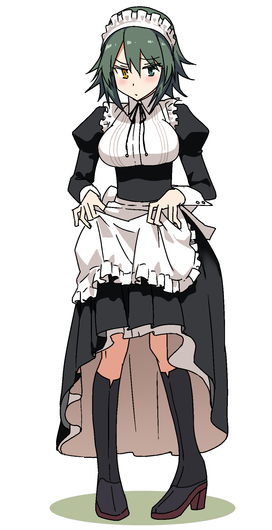 1girl alternate_costume apron black_dress black_footwear boots breasts commentary_request dress dress_lift enmaided frilled_apron frills full_body green_eyes green_hair heterochromia highres kantai_collection kiso_(kantai_collection) knee_boots looking_at_viewer maid maid_headdress masukuza_j medium_breasts short_hair simple_background solo standing waist_apron white_apron white_background yellow_eyes