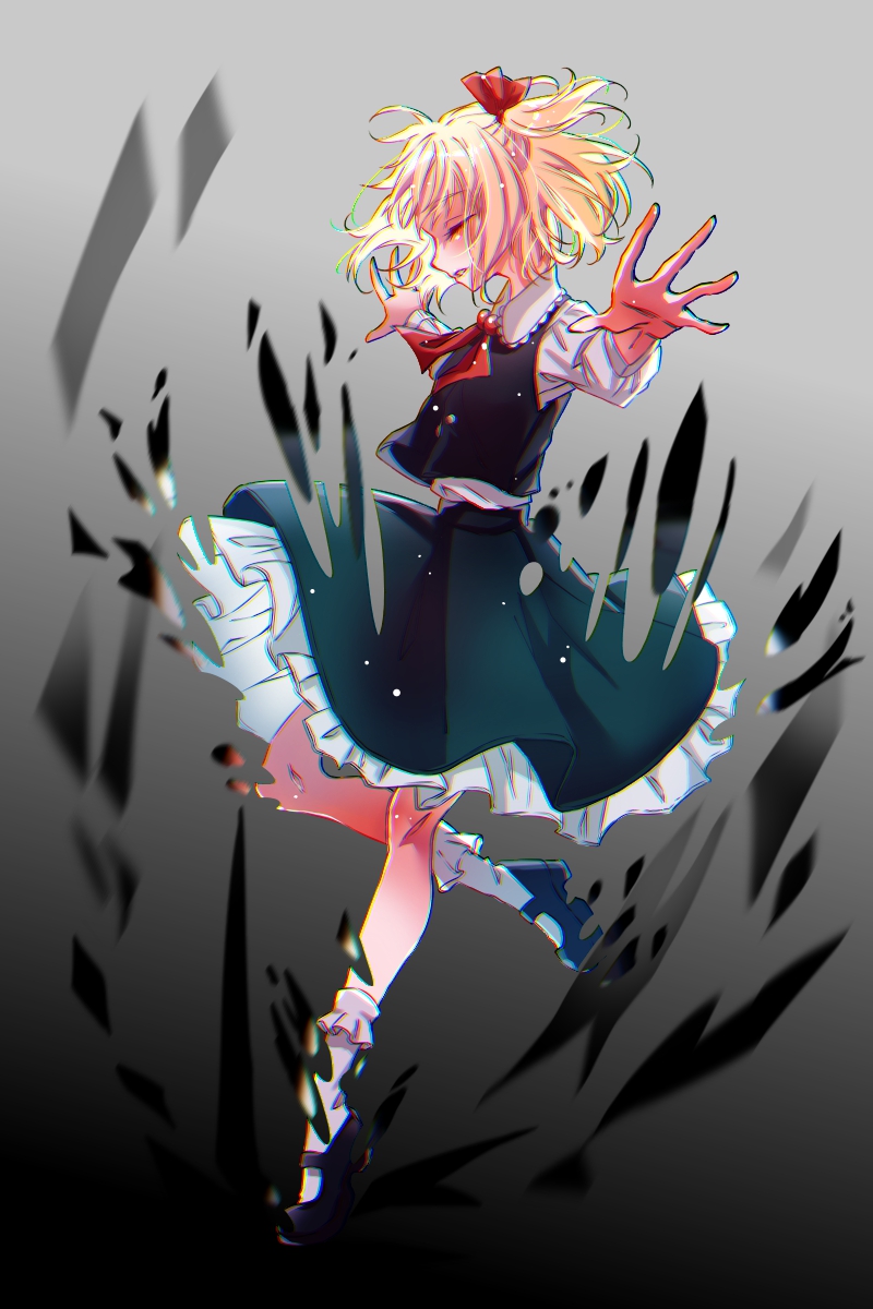 1girl ascot bare_legs black_legwear black_shirt black_skirt blonde_hair blush closed_eyes collared_shirt commentary_request eyebrows_visible_through_hair frilled_shirt_collar frilled_skirt frills from_side full_body glitch gradient gradient_background hair_ribbon highres hisuipechika leg_up long_sleeves mary_janes miniskirt open_mouth outstretched_arms puffy_long_sleeves puffy_sleeves red_ribbon ribbon rumia shirt shoes short_hair skirt skirt_set solo touhou