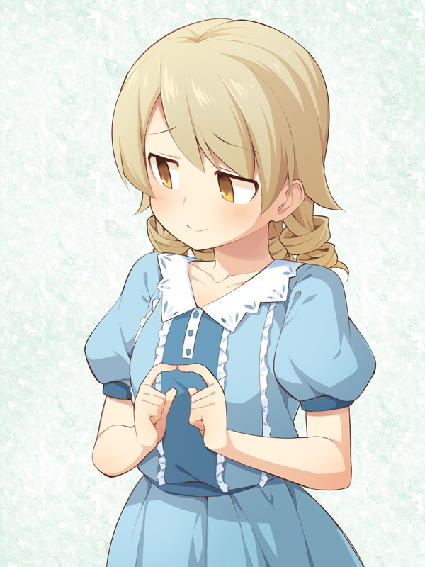 1girl bangs blue_dress blush brown_eyes closed_mouth collarbone collared_dress commentary_request dress eyebrows_visible_through_hair fingers_together idolmaster idolmaster_cinderella_girls light_brown_hair long_hair looking_away looking_to_the_side morikubo_nono puffy_short_sleeves puffy_sleeves ringlets short_sleeves solo upper_body ushi