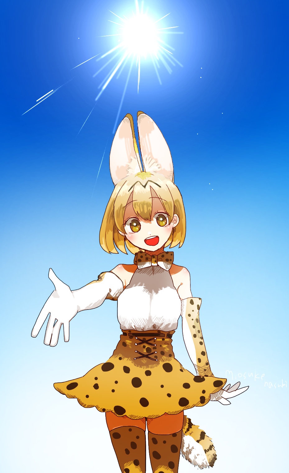 1girl animal_ears blonde_hair bow bowtie cowboy_shot day elbow_gloves from_below gloves highres kemono_friends looking_at_viewer open_mouth outdoors reaching_out serval_(kemono_friends) serval_ears serval_print serval_tail skirt sky smile standing sun tail thigh-highs yellow_eyes yoshioka_suke