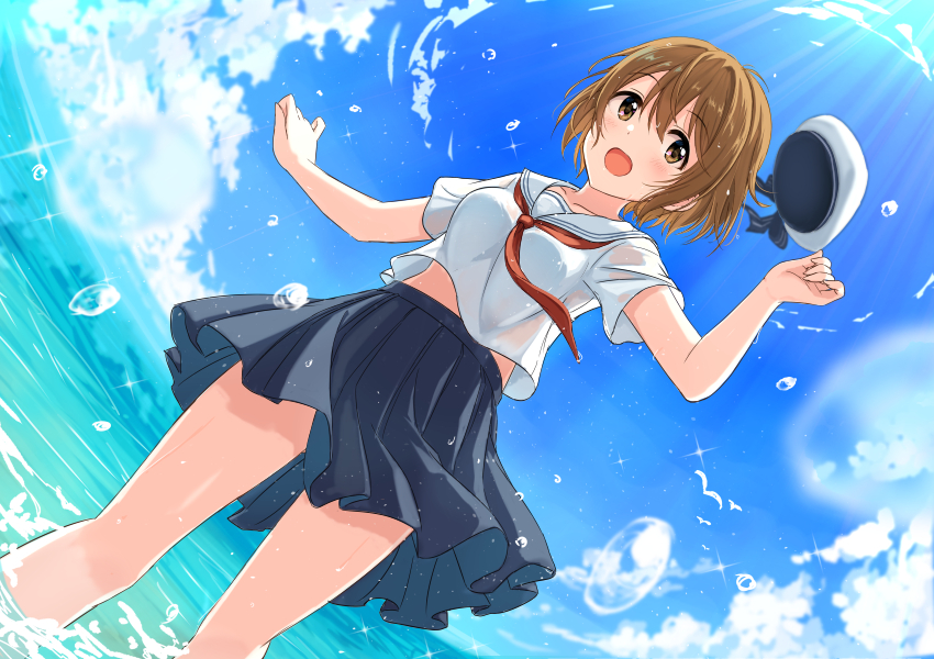 1girl :d bangs beret black_skirt blue_sky blush breasts brown_eyes brown_hair clouds commentary_request day dutch_angle eyebrows_visible_through_hair hair_between_eyes hand_up hat hat_removed headwear_removed horizon medium_breasts mugi_(banban53) neckerchief ocean open_mouth original outdoors pleated_skirt red_neckwear sailor_collar school_uniform see-through serafuku shallow_water shirt skirt sky smile solo standing wading water white_headwear white_sailor_collar white_shirt