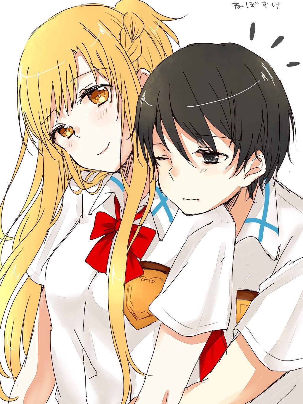 1boy 1girl aminyao asuna_(sao) black_eyes black_hair blonde_hair bow bowtie closed_mouth couple dress_shirt head_on_another's_shoulder highres kirito long_hair necktie pink_shirt red_bow red_neckwear school_uniform shiny shiny_hair shirt short_sleeves simple_background sketch smile sword_art_online upper_body very_long_hair white_background white_shirt yellow_eyes