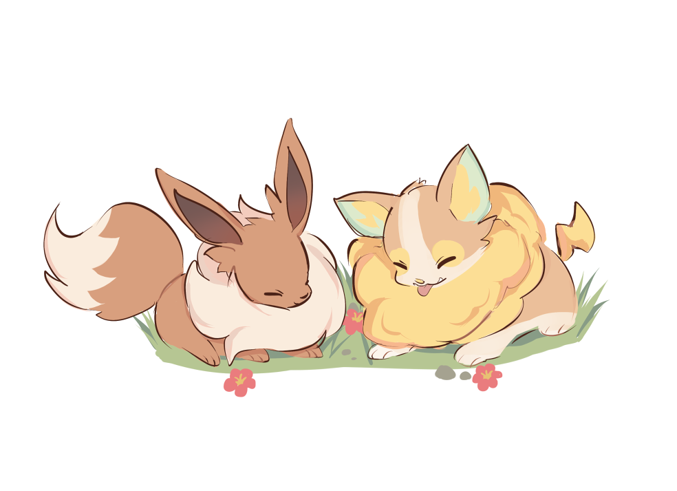 charamells closed_eyes commentary creature eevee english_commentary facing_another fang flower full_body gen_1_pokemon gen_8_pokemon grass lying no_humans on_stomach pokemon pokemon_(creature) simple_background tongue tongue_out white_background yamper