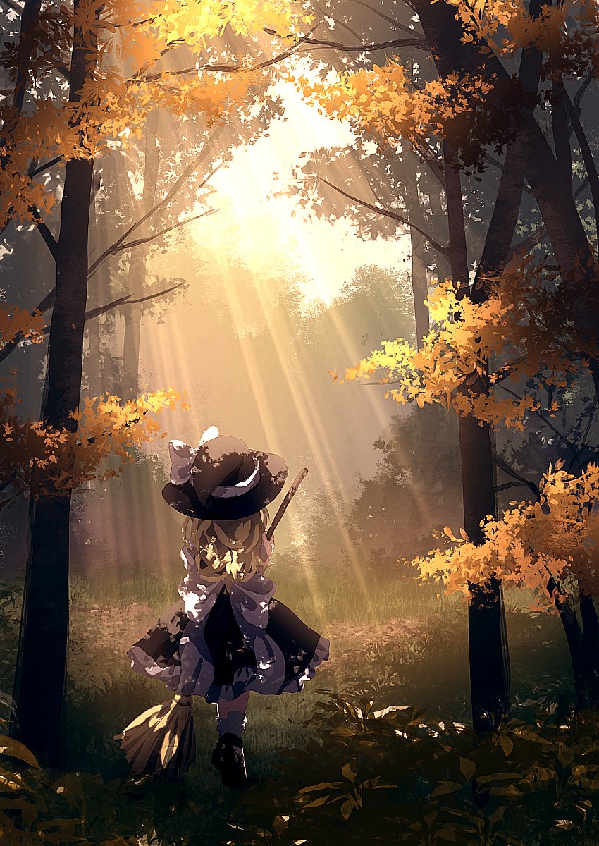 1girl black_headwear blonde_hair bow broom dappled_sunlight dise dress forest frilled_dress frills from_behind hat hat_bow highres holding holding_broom kirisame_marisa long_hair nature outdoors shoes socks solo standing sunlight touhou tree white_bow white_legwear witch_hat