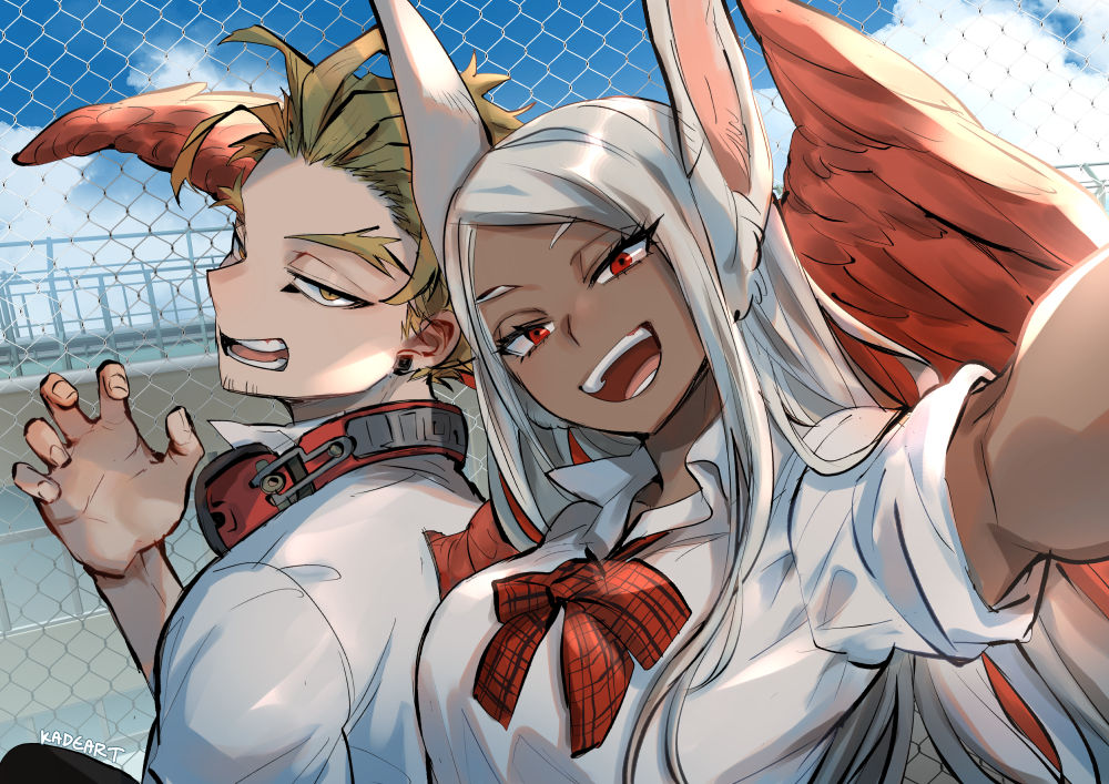 1boy 1girl :d alternate_costume animal_ears artist_name bird_wings boku_no_hero_academia casual collared_shirt commentary dark_skin day earrings english_commentary eyebrows facial_hair forked_eyebrows half-closed_eyes hand_up hawks_(boku_no_hero_academia) head_tilt headphones headphones_around_neck jewelry kadeart light_brown_hair long_hair looking_at_viewer mirko open_mouth outdoors outstretched_arm rabbit_ears red_eyes red_wings school_uniform self_shot shirt short_hair silver_hair smile symbol_commentary upper_body white_shirt wings yellow_eyes